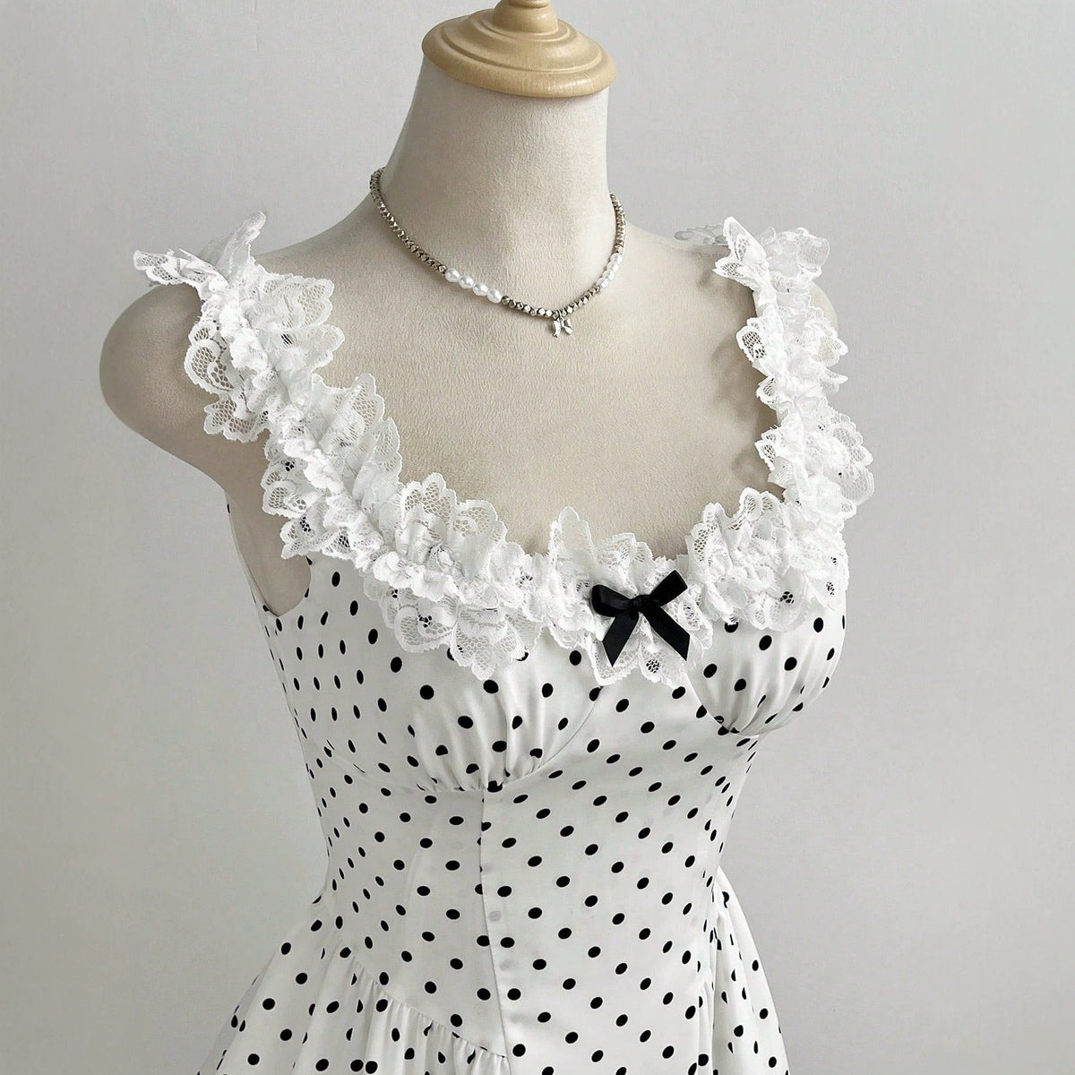 Lace lace bow polka dot A-line dress