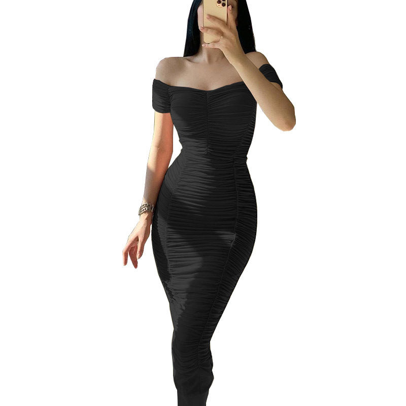 Elegant Pure Color Long Dress with Off-Shoulder Pleated DesignSummer Women's Dress