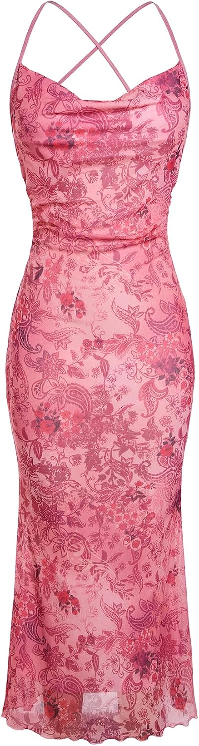 SOLY HUX Women's Floral Mesh Cami Dress Cocktail Wedding Guest Long Dresses