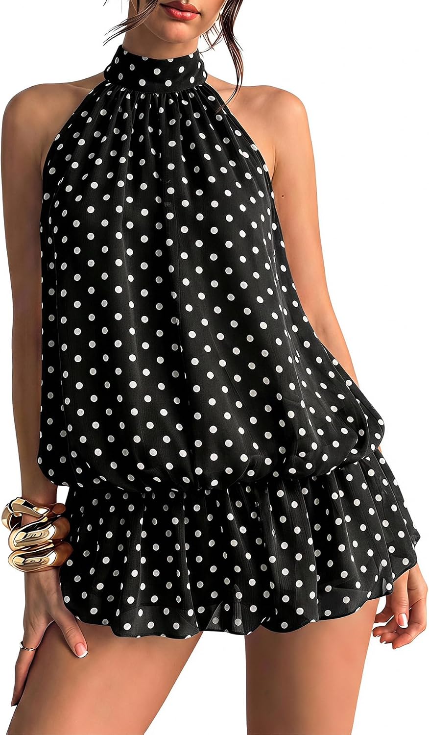 Floerns Women Backless Sleeveless Ruffle Bubble Hem Mesh Halter Mini Dress