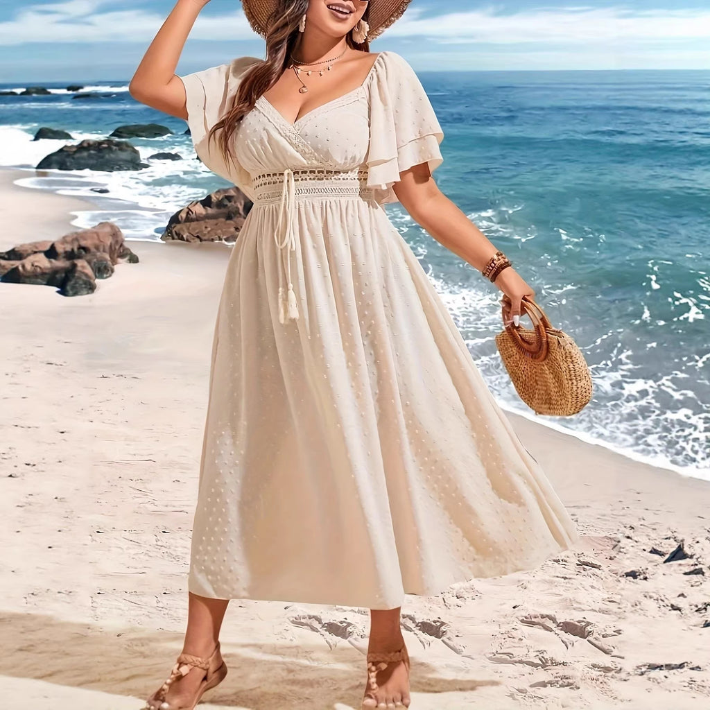 Vacation beach style hollow lace waist-cinching tie women's V-neck plus-size dress