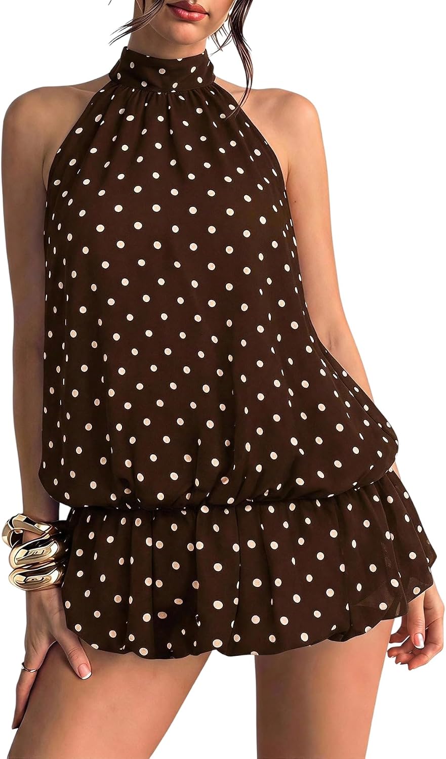Floerns Women Backless Sleeveless Ruffle Bubble Hem Mesh Halter Mini Dress