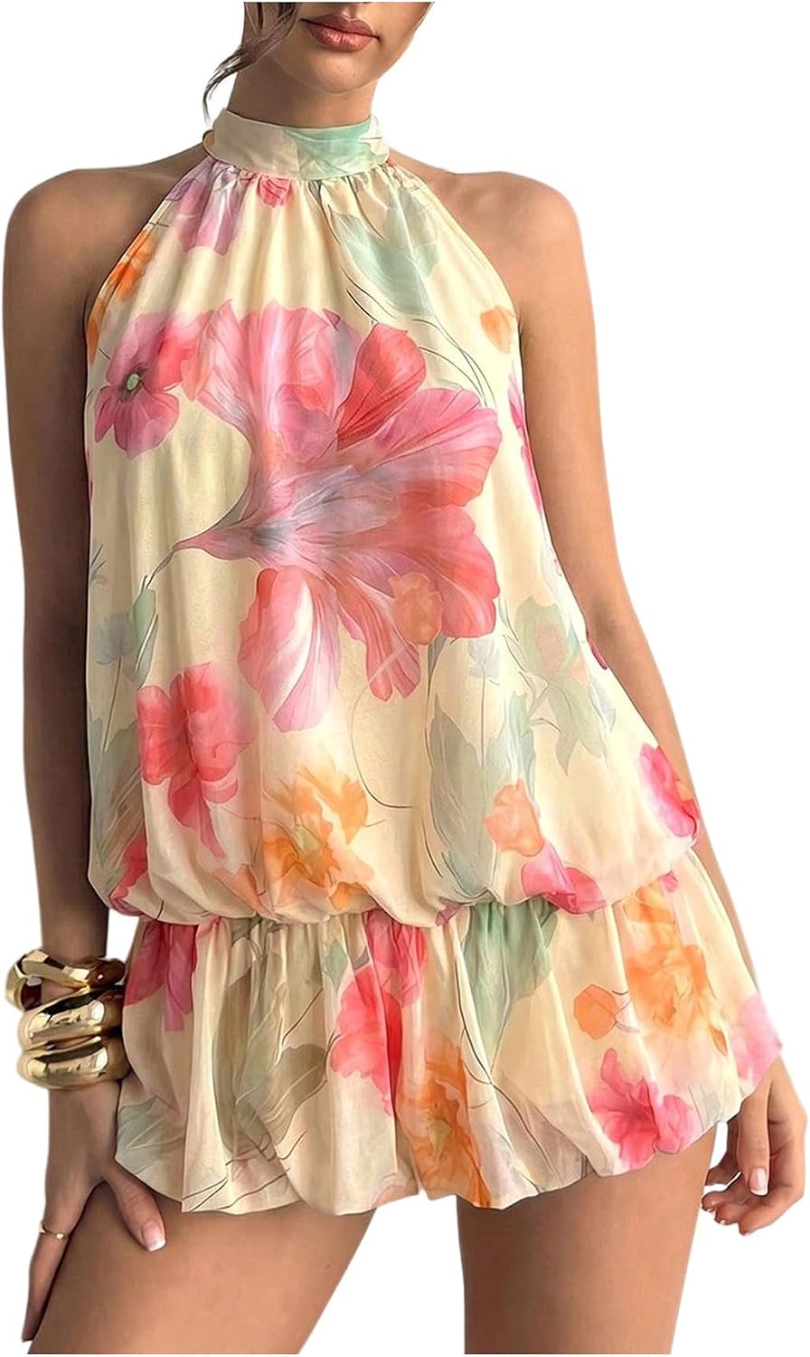 Floerns Women Backless Sleeveless Ruffle Bubble Hem Mesh Halter Mini Dress