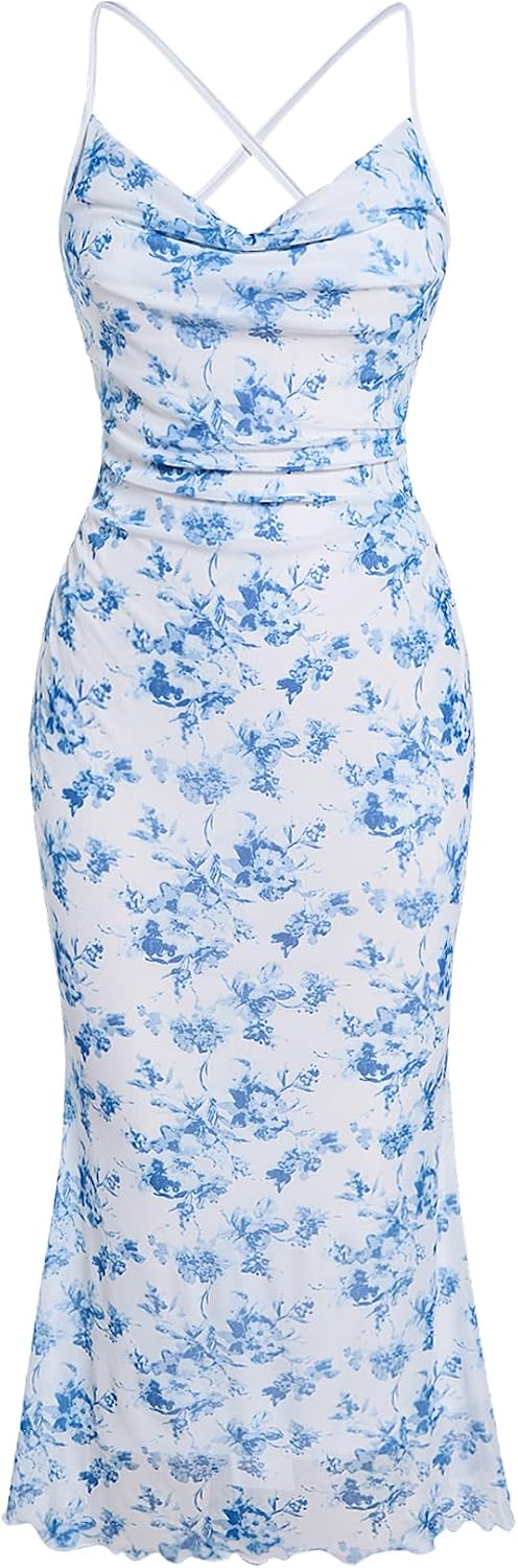 SOLY HUX Women's Floral Mesh Cami Dress Cocktail Wedding Guest Long Dresses