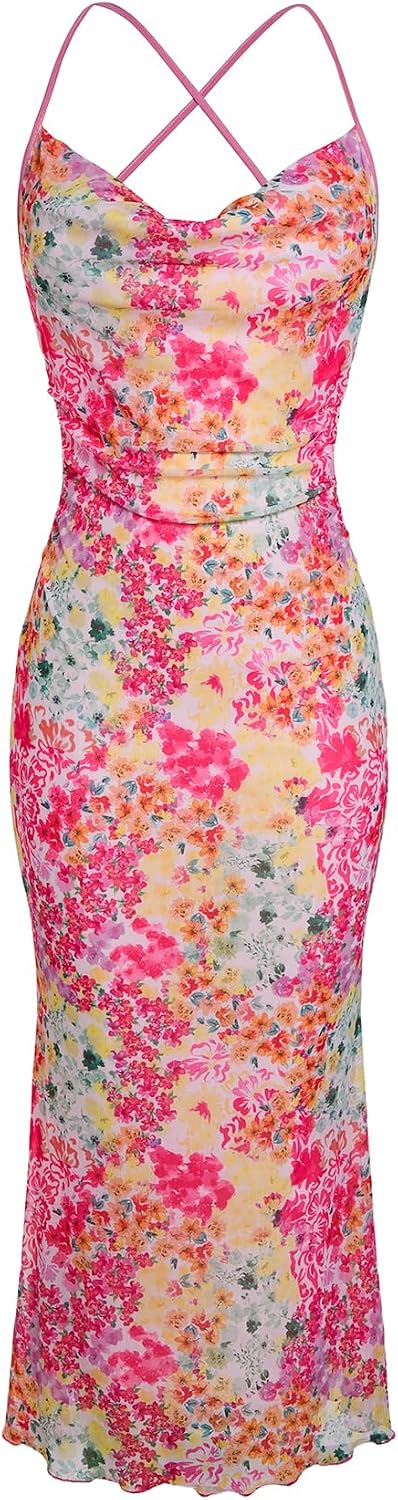 SOLY HUX Women's Floral Mesh Cami Dress Cocktail Wedding Guest Long Dresses