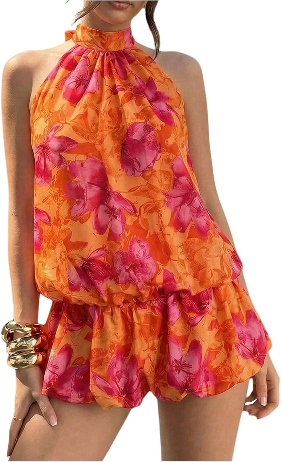 Floerns Women Backless Sleeveless Ruffle Bubble Hem Mesh Halter Mini Dress