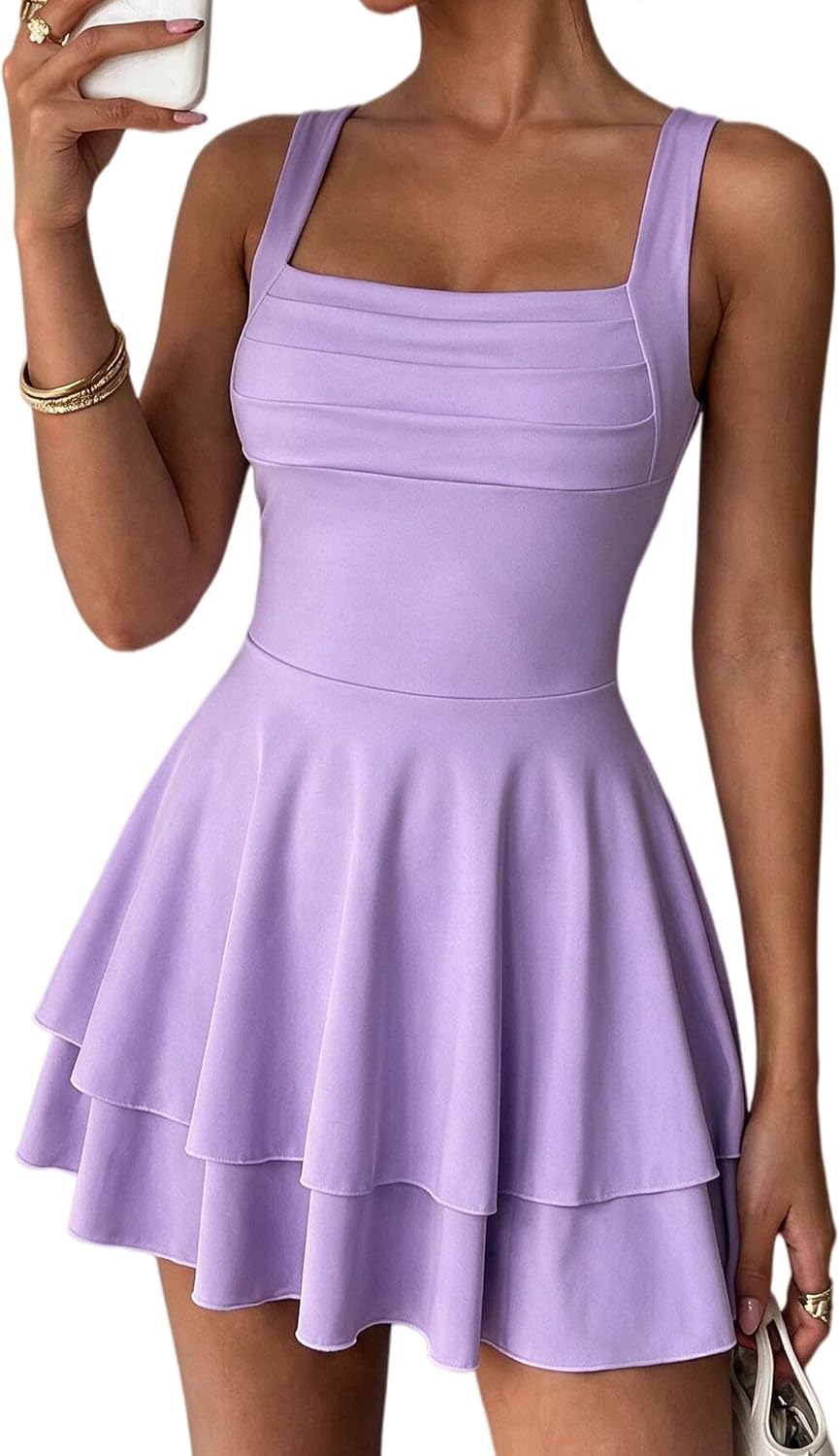 Avidlove Women's Square Neck Ruched Bust Dress Sleeveless A Line Mini Dress