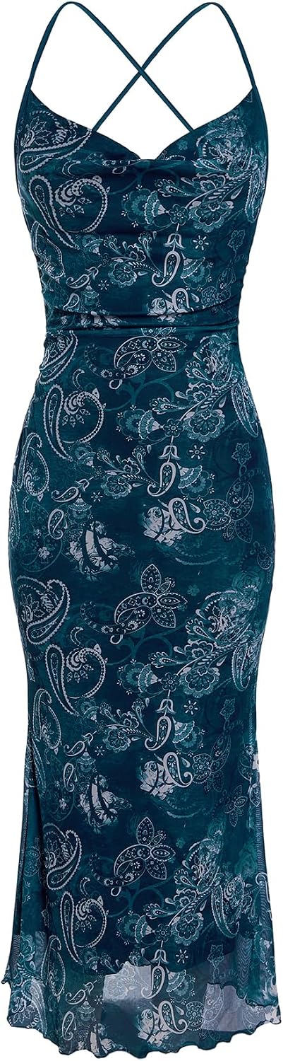 SOLY HUX Women's Floral Mesh Cami Dress Cocktail Wedding Guest Long Dresses