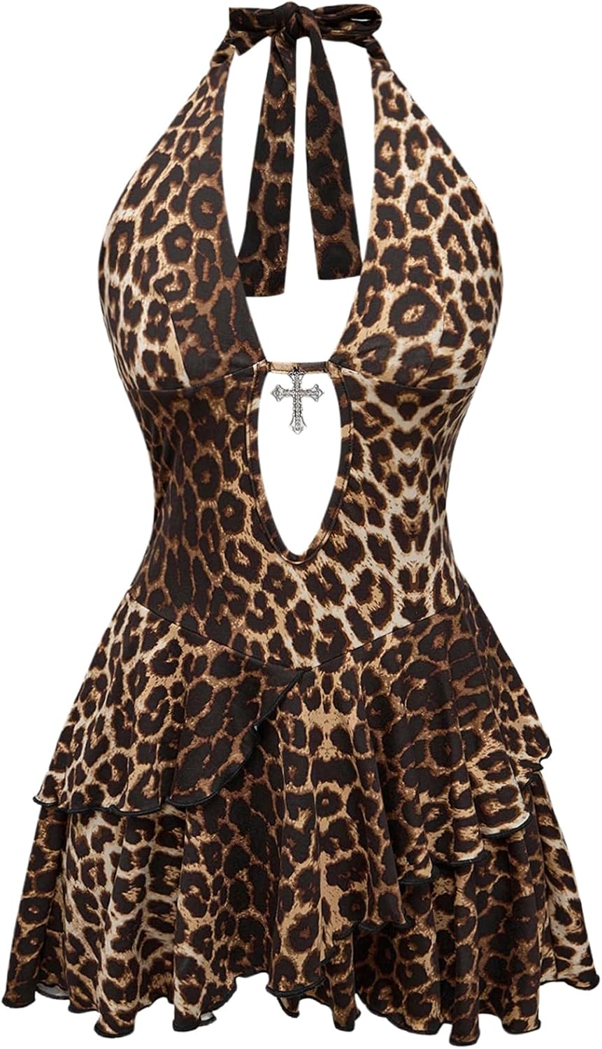 SOLY HUX Women's Cheetah Print Backless Halter Mini Dress