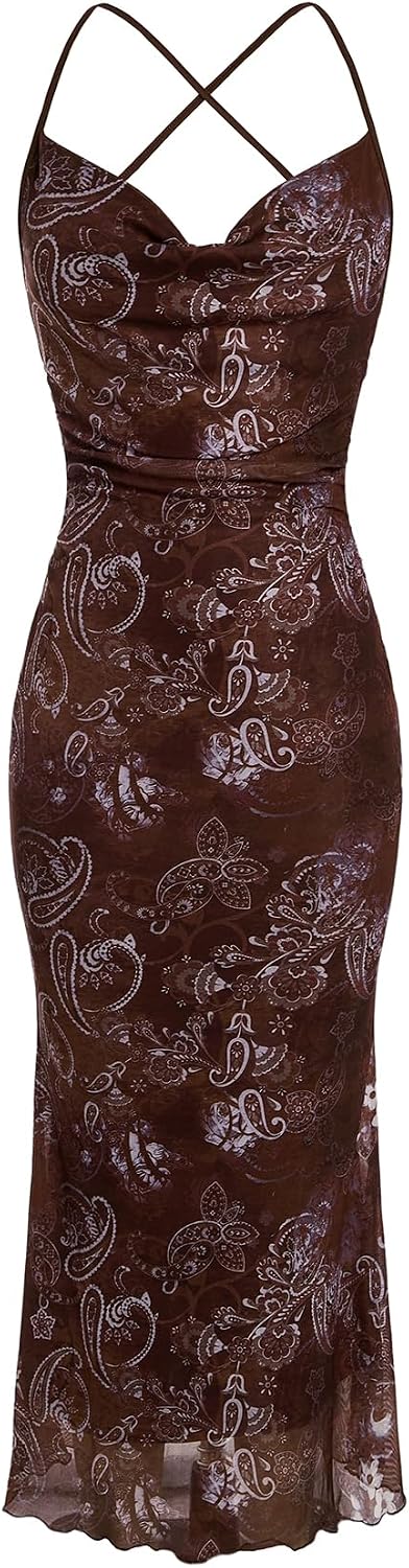 SOLY HUX Women's Floral Mesh Cami Dress Cocktail Wedding Guest Long Dresses