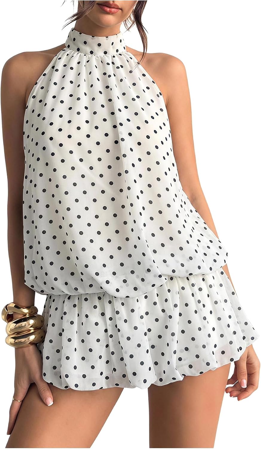 Floerns Women Backless Sleeveless Ruffle Bubble Hem Mesh Halter Mini Dress