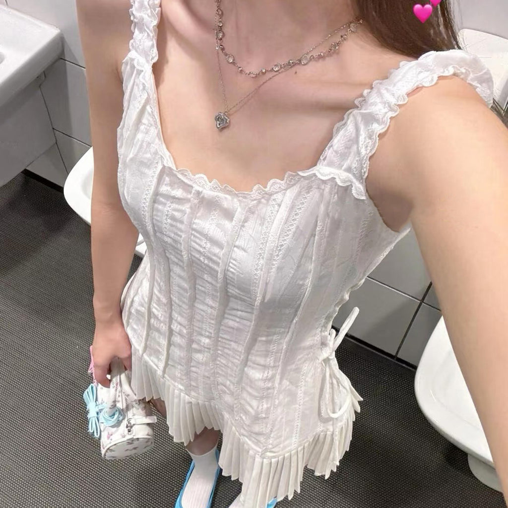 Asymmetrical Pleated Tie-Up Dress with Strap Design, Romantic Mini Dress for Date, Elegant Pleated Dress