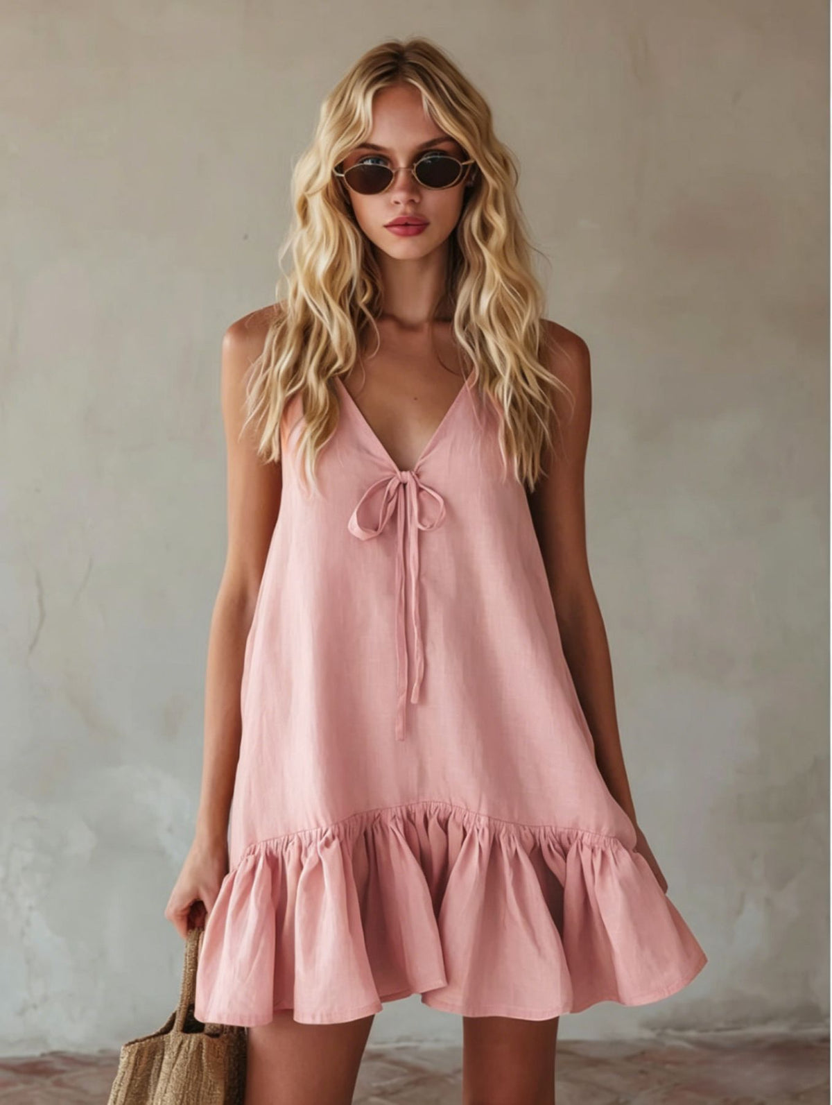 Vintage Vacation Style V-Neck Sleeveless Ruffle Loose Dress