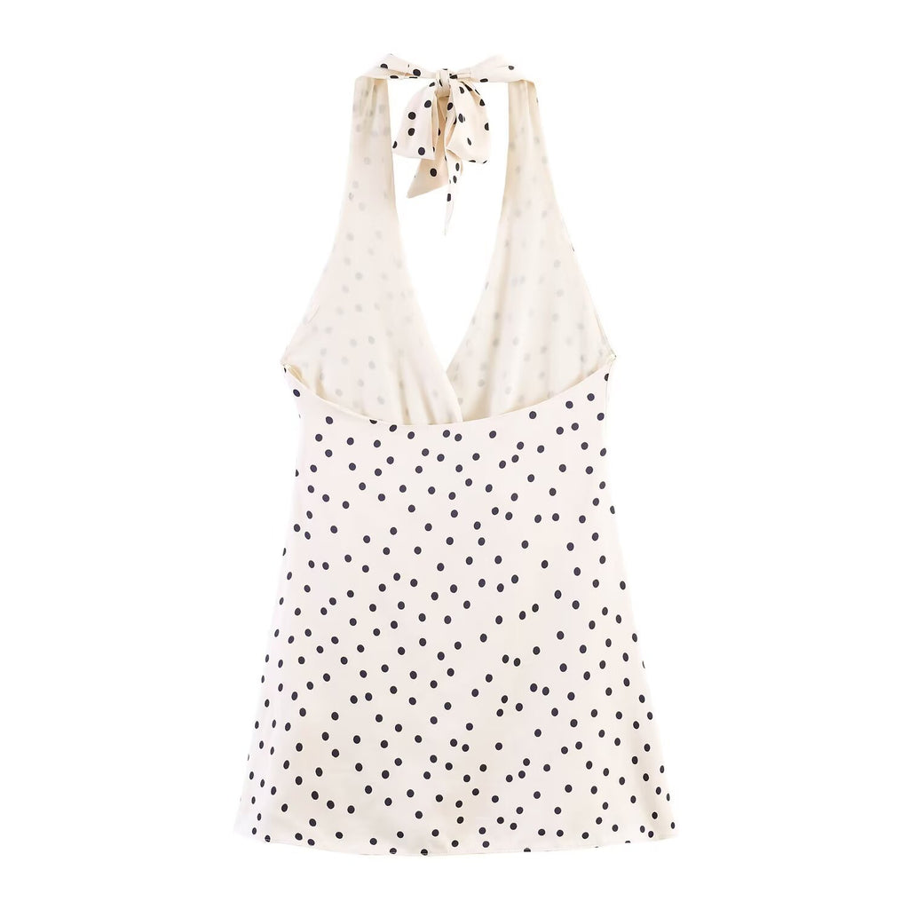 Polka dot silk hanging neck collar dress for women's wear