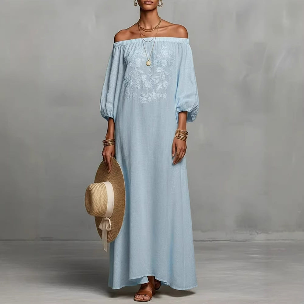 Elegant Floral Off-Shoulder Long Dress for Vacation, Casual Maxi Dress