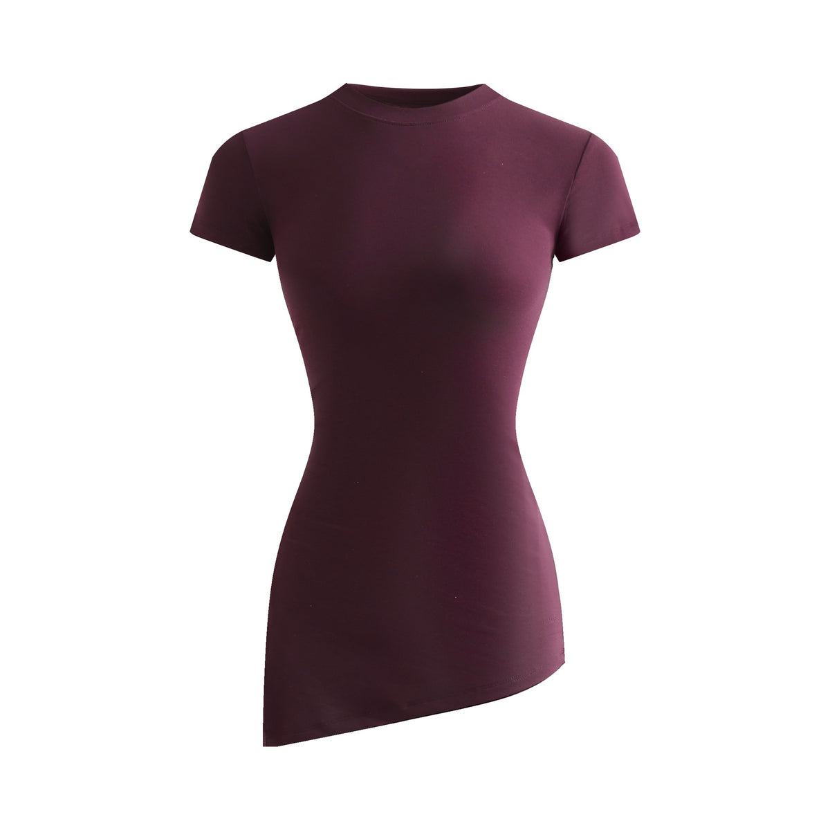 Slim-Fitting Versatile Knit Stretchy Fitted Slimming Short Sleeve Side-Slit Pleated Round Neck T-Shirt for Women