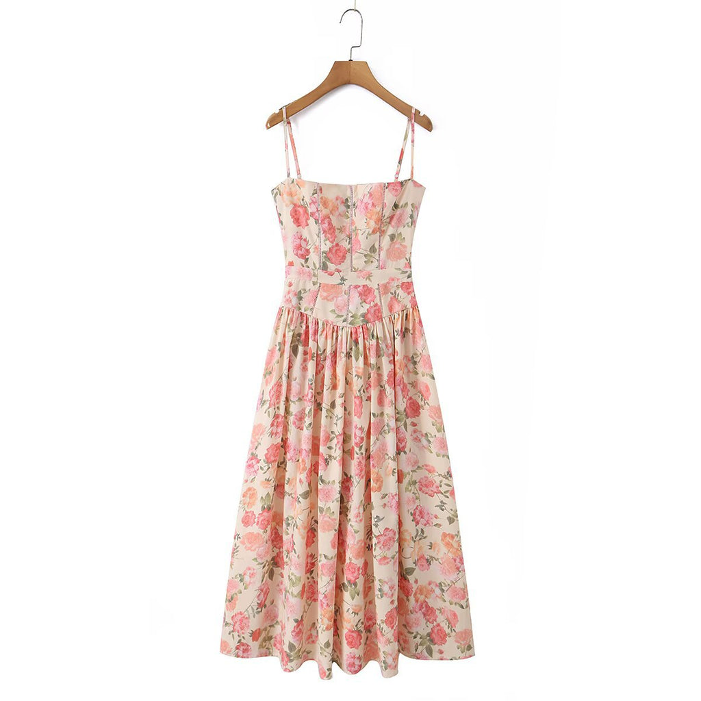 French vacation style printed suspender dress