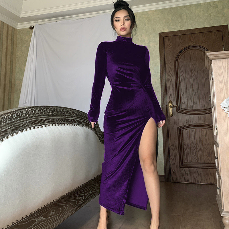 Women's High Neck Long Velvet Dress with Pleats and Slit Fitted SilhouetteAutumn/Winter Fashion