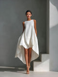 Spring Cotton Linen Irregular Hem Sleeveless Dress for Women Casual Vacation Wear