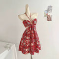 Bohemian Beach Vacation Strapless Crop Top Dress Red Ocean Floral Cut-Out Waist Dress