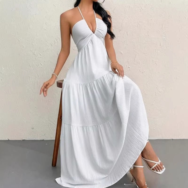 European and American Style Summer New Solid Color Strapless Sexy Backless Tie-Up Beach Vacation Casual Halter Neck Dress