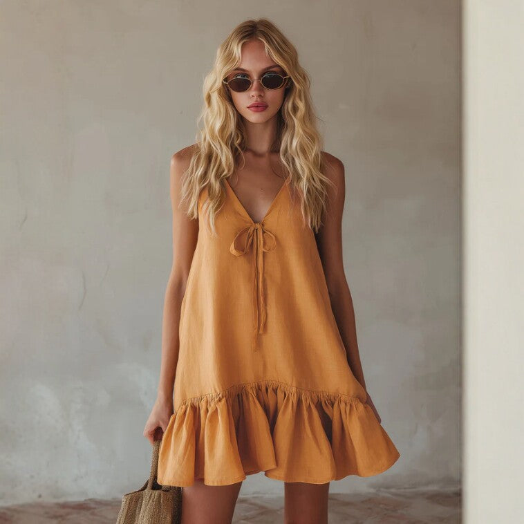 Vintage Vacation Style V-Neck Sleeveless Ruffle Loose Dress