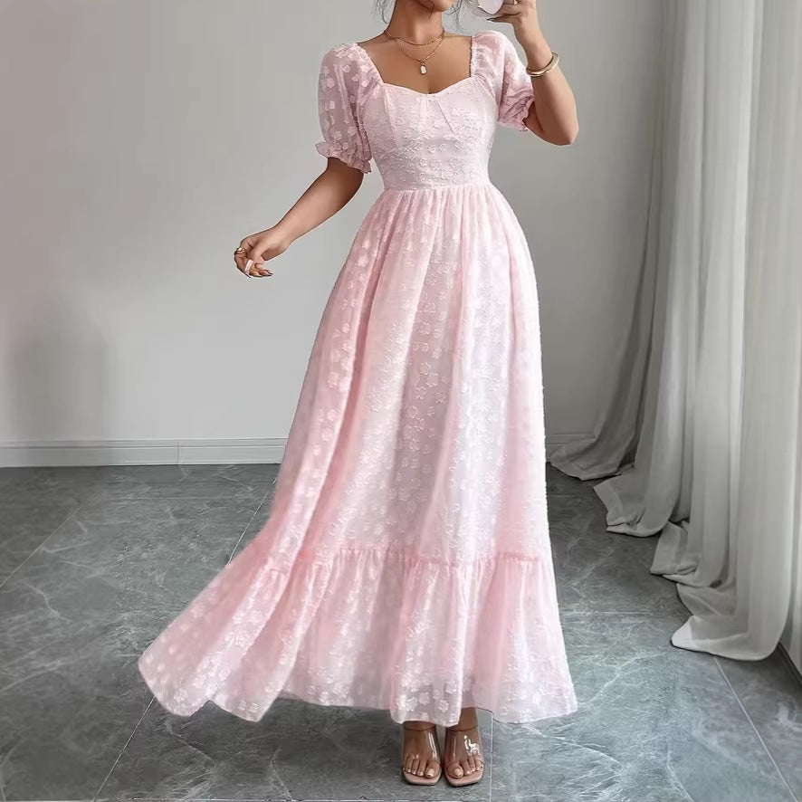 Square Neck Pink Embroidered Dress for Women, High-Waisted Slim Fit Plus Size Dress