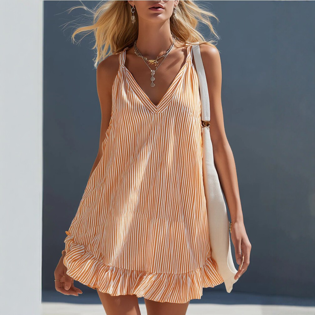 Fashion Summer Stripe Ruffle Sleeveless V-Neck Strap Mini Dress for Vacation