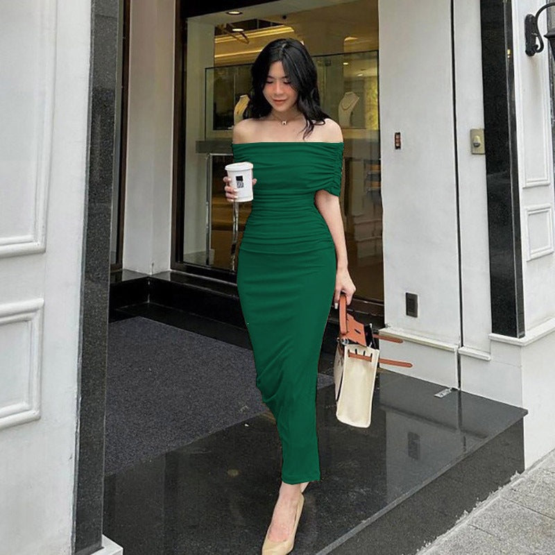 One-Shoulder Pleated Dress, Slim Fit, Bodycon, Side Slit, Cocktail Dress Long Dress