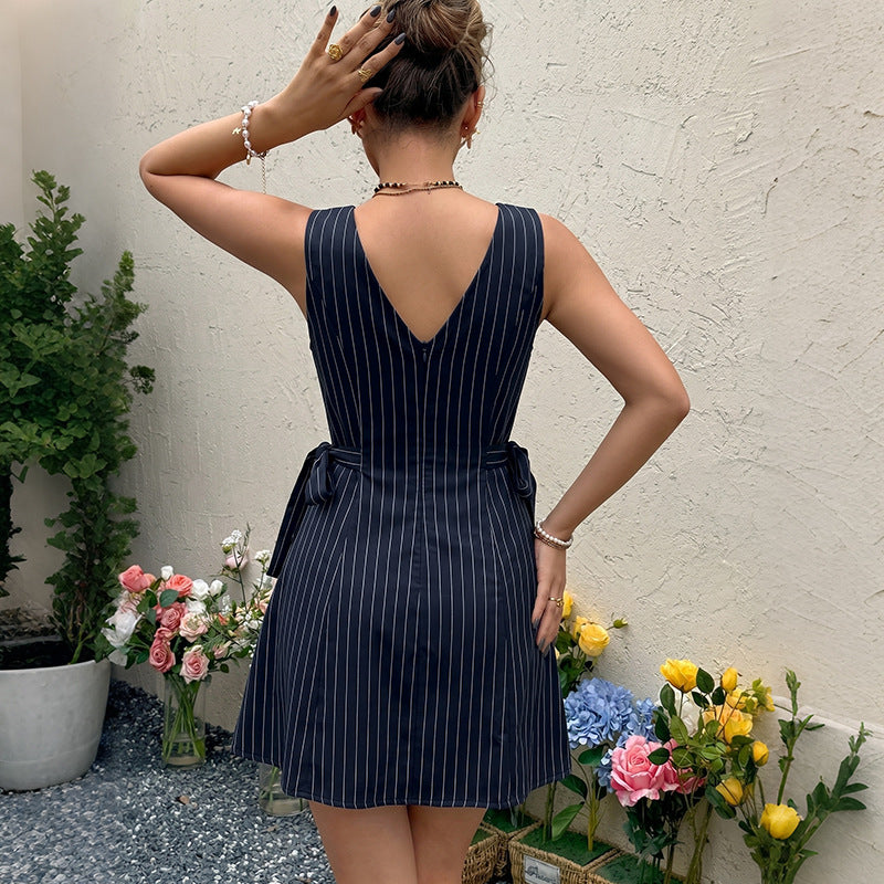 Round neck lace up striped A-list dress