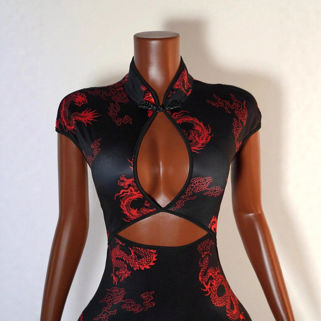 Printed short sleeved cheongsam dress