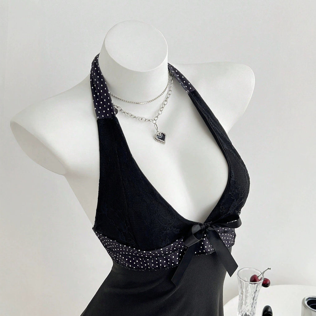 V-neck hanging neck strap slim fit dress
