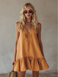 Vintage Vacation Style V-Neck Sleeveless Ruffle Loose Dress