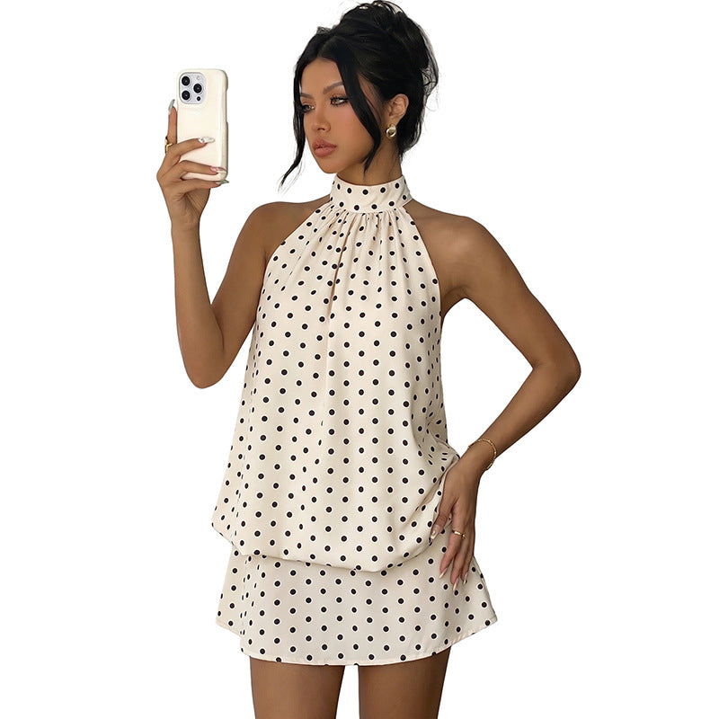 Hanging neck polka dot backless dress