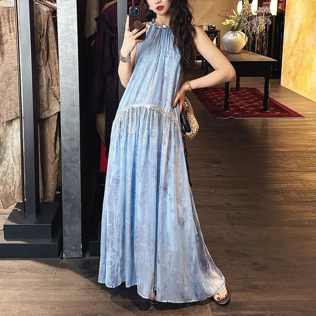 New Chinese Style Tencel Burnout Print Dress with Strap Neckline, Summer Fashion Dre