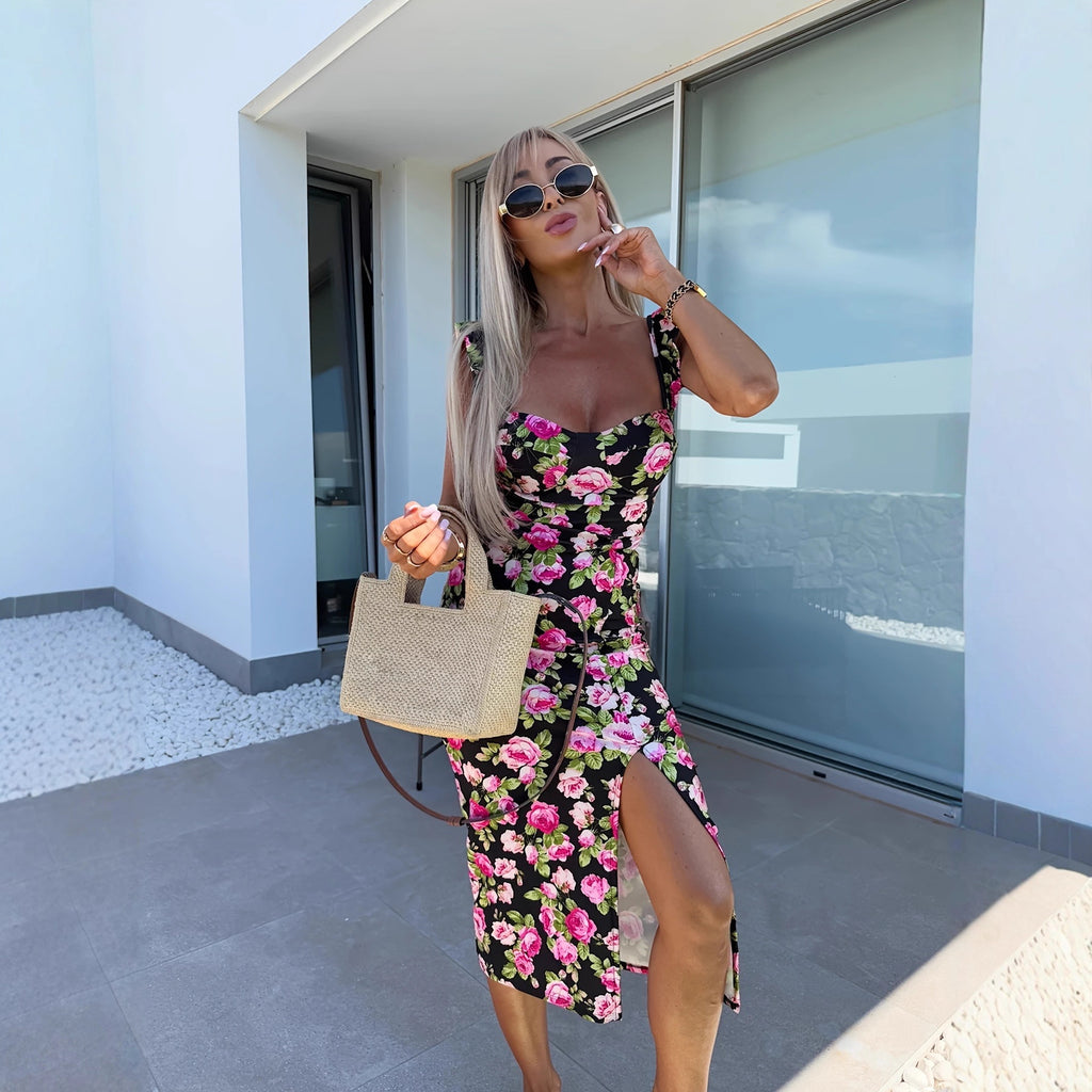 Elegant French Floral Strap Split Midi Women's Dress