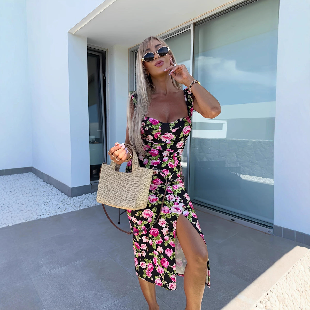 Elegant French Floral Strap Split Midi Women's Dress