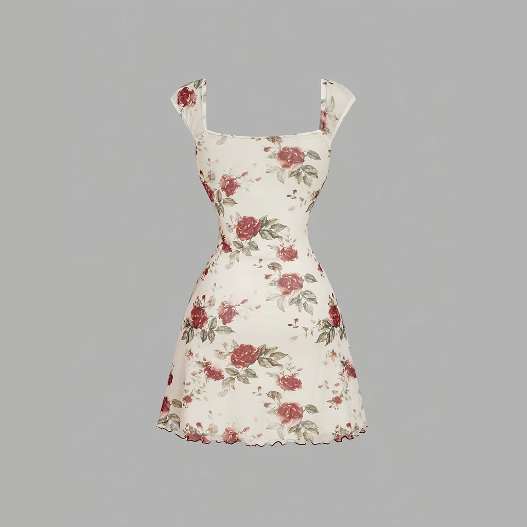 Floral Print Sleeveless Bow Decoration Square Neckline A-Line Mini Dress for Women