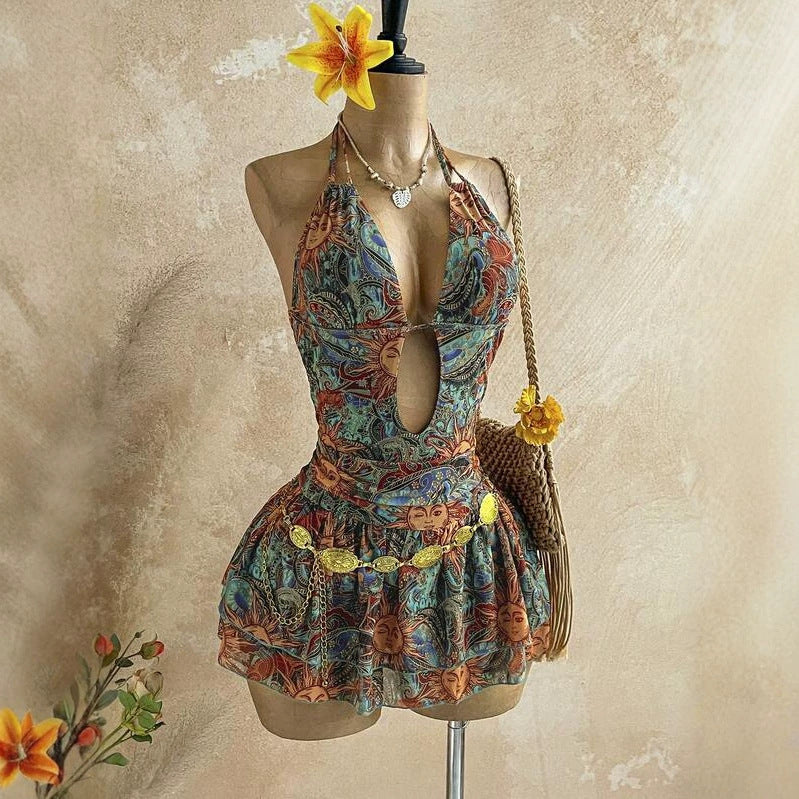 Print Halter Neck Dress Deep V Cut-Out Waist Beach Vacation Short Mini Dress