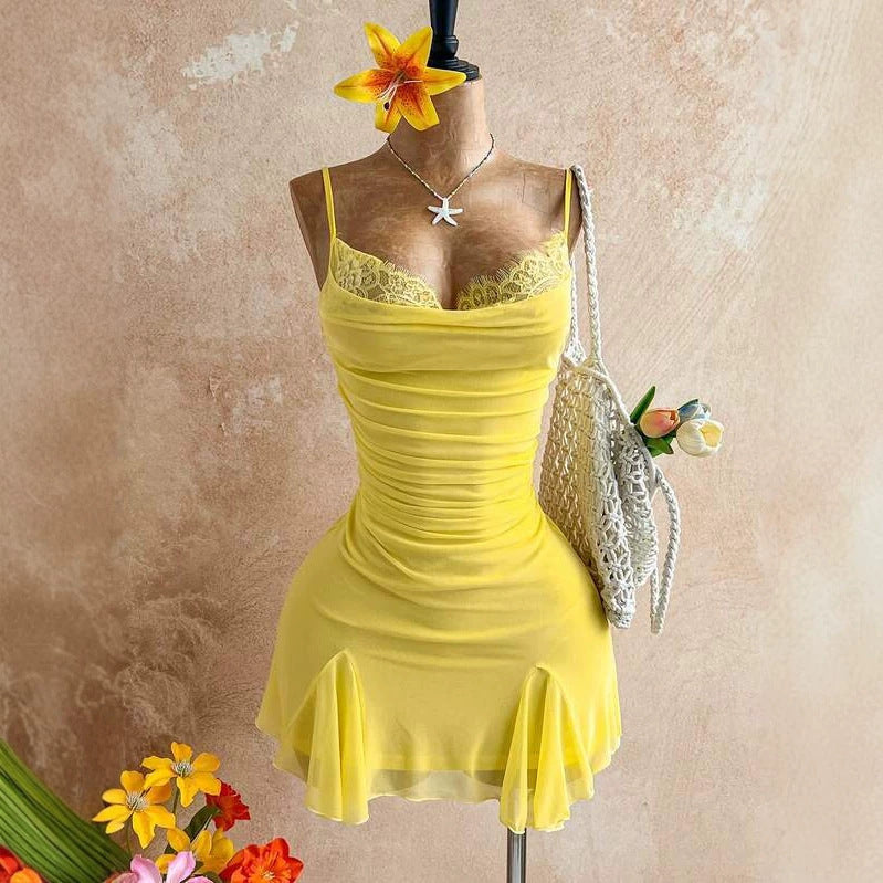 Soft Yellow Lace Strap Dress with Pleated Waist, Tulle Ruffle,Elegant Bodycon Style