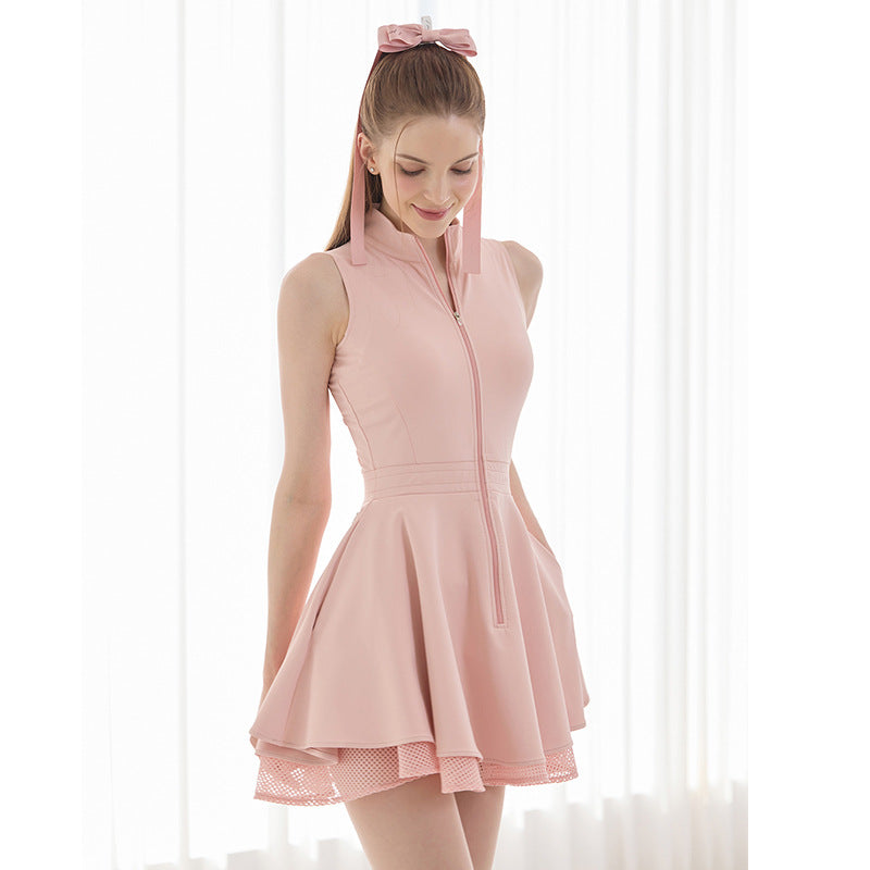 Sleeveless Zipper Tennis Outdoor Sport Dress, Fitted Waist, Breathable Moisture-Wicking Fitness Sport Tiered Mini Dress