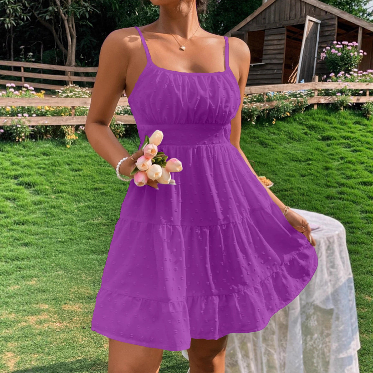 Clothing  Swiss Dot Print Strap Dress for Women Summer Casual Fit Bodycon Mini Dress