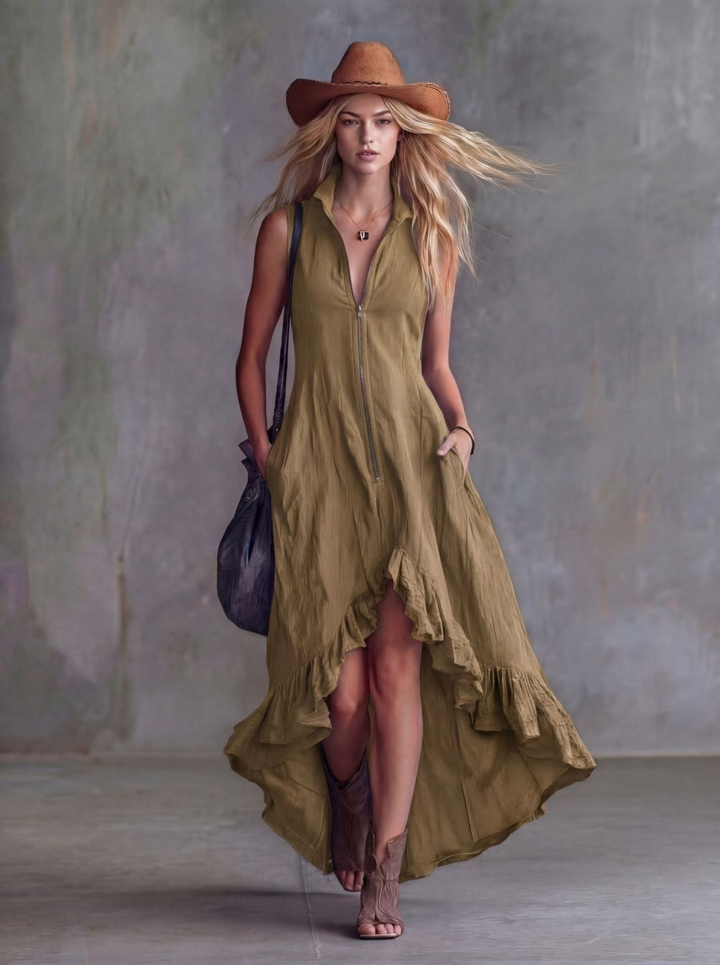 Vintage Casual Turn-Down Collar Front Zipper Ruffle Hem Dress for Women