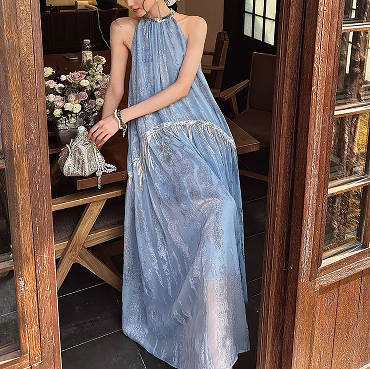 New Chinese Style Tencel Burnout Print Dress with Strap Neckline, Summer Fashion Dre
