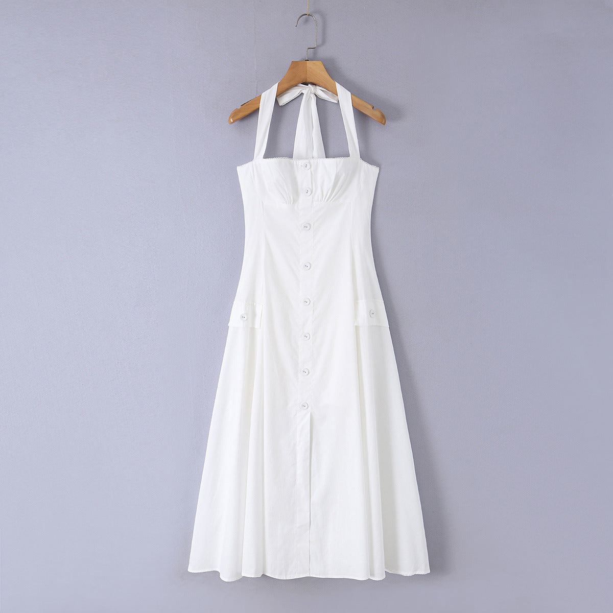 Vintage style neck button up mid length dress