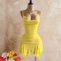 Soft Yellow Lace Strap Dress with Pleated Waist, Tulle Ruffle,Elegant Bodycon Style