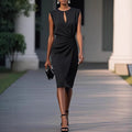 Solid color pleated waist cinched round neck hollow out women's dress