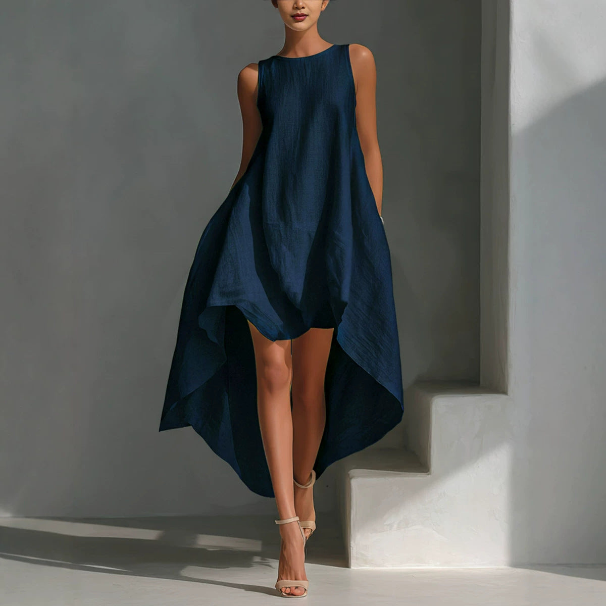 Spring Cotton Linen Irregular Hem Sleeveless Dress for Women Casual Vacation Wear
