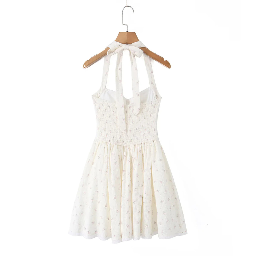 Charming Floral Print Dress for Women Cute Vacation Style Halter Neck Mini A-Line Pleated Skirt