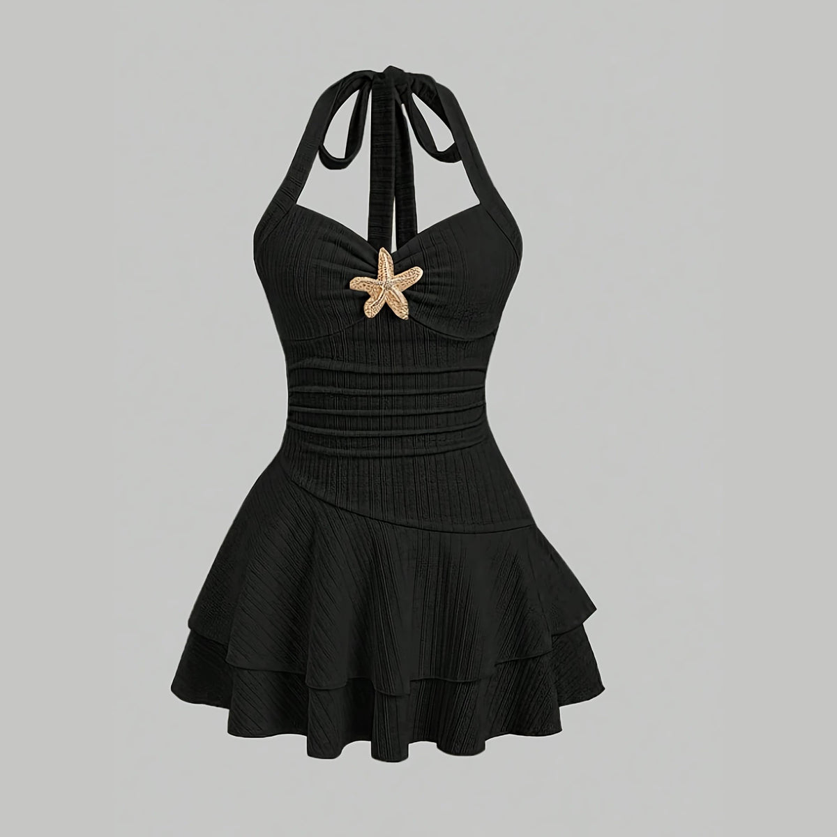 Halter neck slip dress with starfish decoration, pleated, waist-cinching short skirt